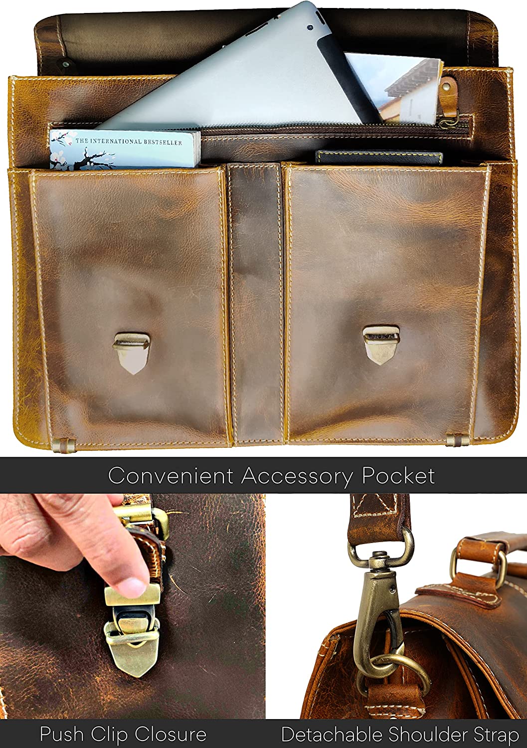 RUSTIC TOWN Handmade Leather Shoulder Briefcase Messenger Bag Mens 16 inch Laptop Satchel - Image 3